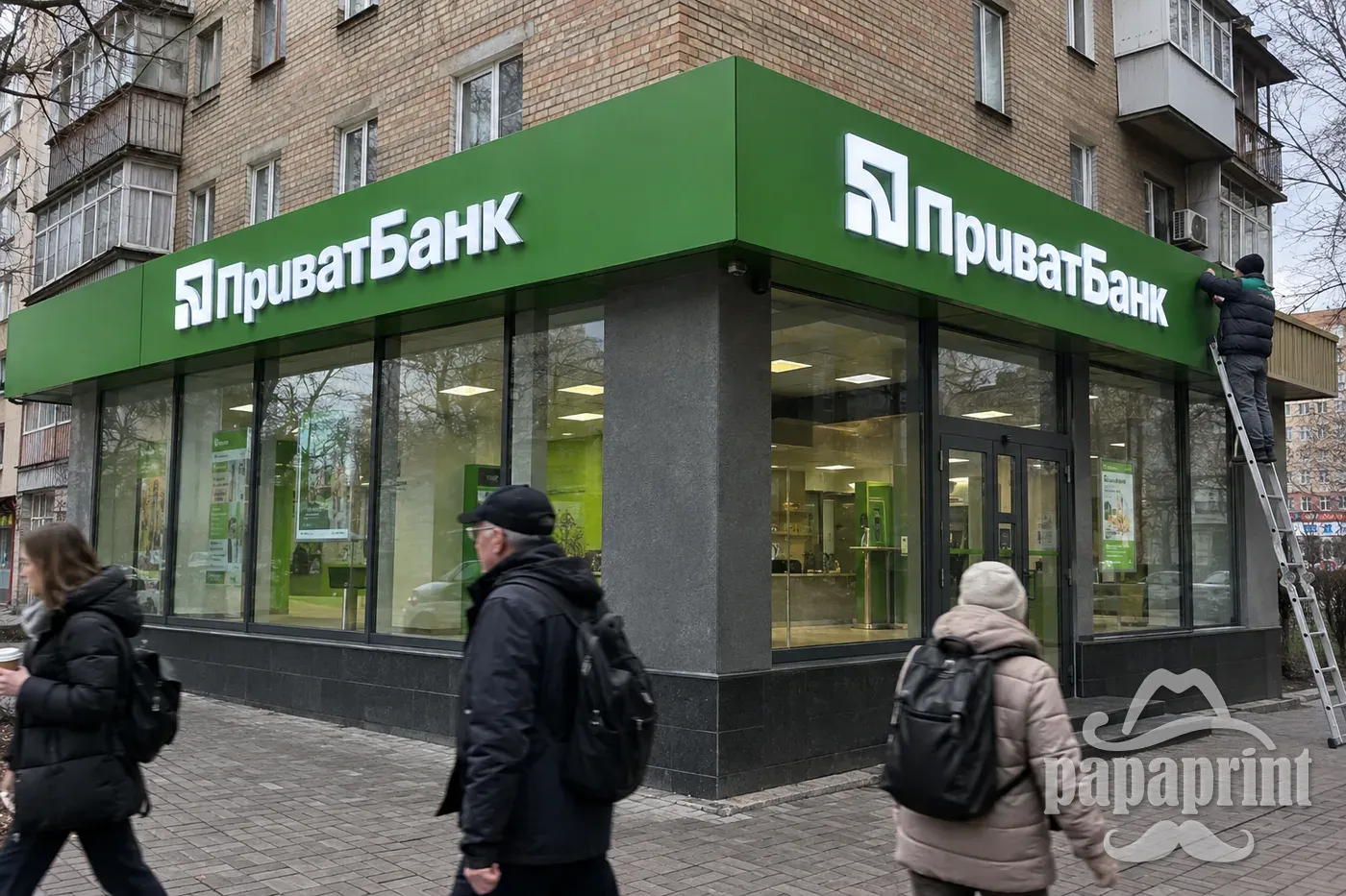 Кутова композитна вивіска відділення ПриватБанк з рівними об'ємними літерами, Київ