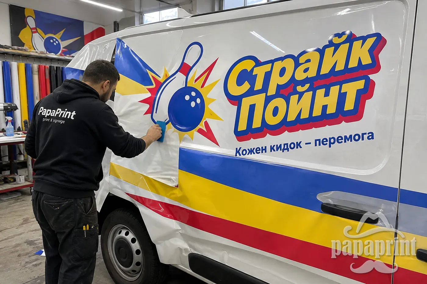 Монтаж брендирования фургона для 'Страйк Пойнт' с пленкой Oracal