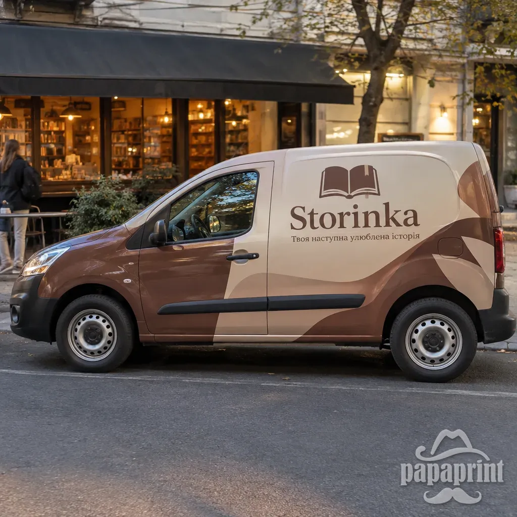 Брендированный фургон 'Storinka' с пленкой 3M, припаркованный на улице