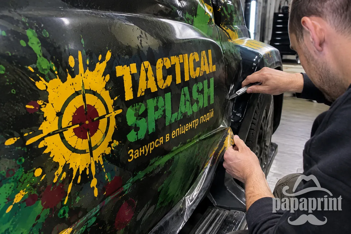 Обрезка края пленки Oracal для 'Tactical Splash' с профессиональным монтажом