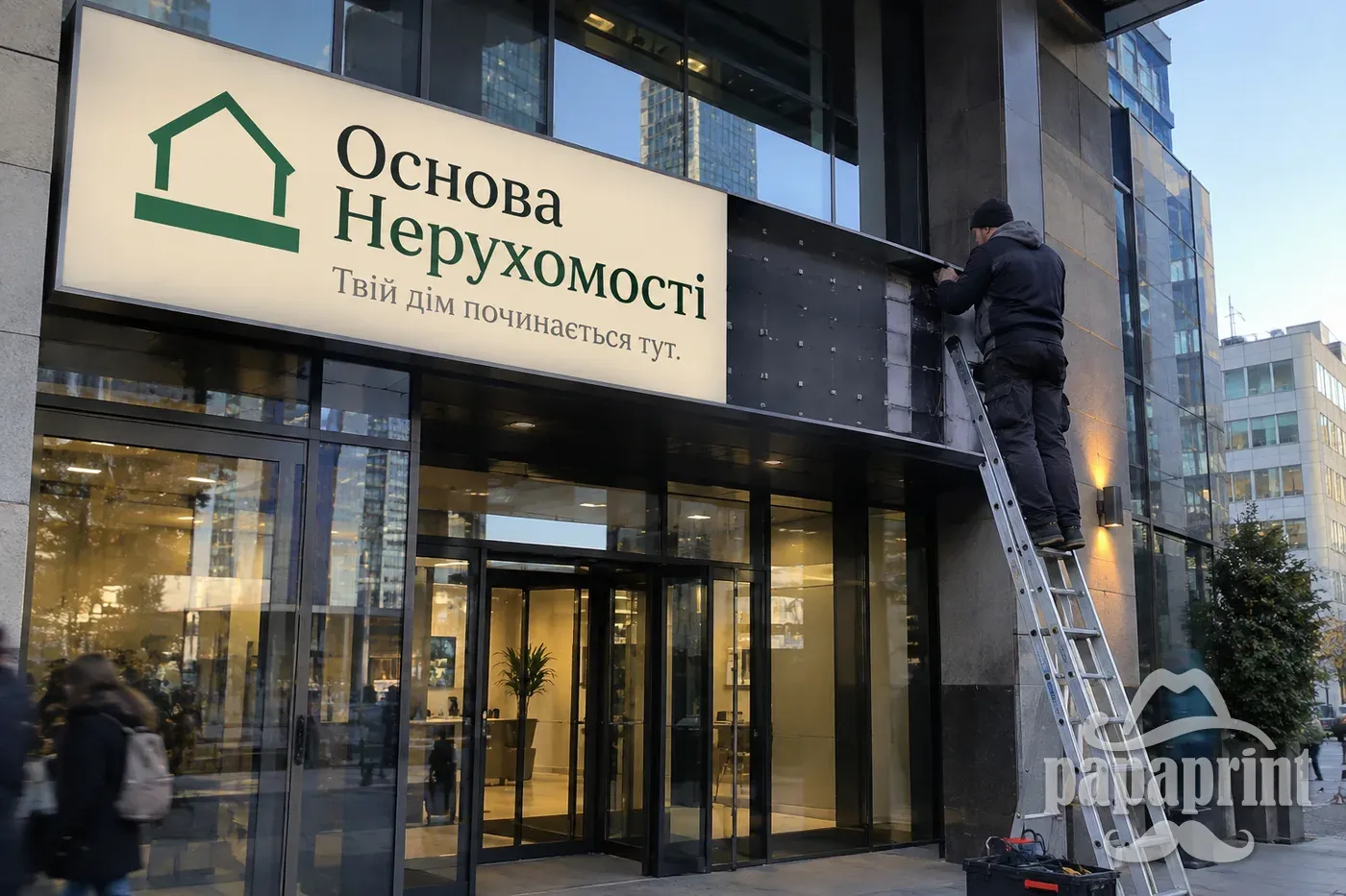 Ремонт вивіски на фасаді з драбини