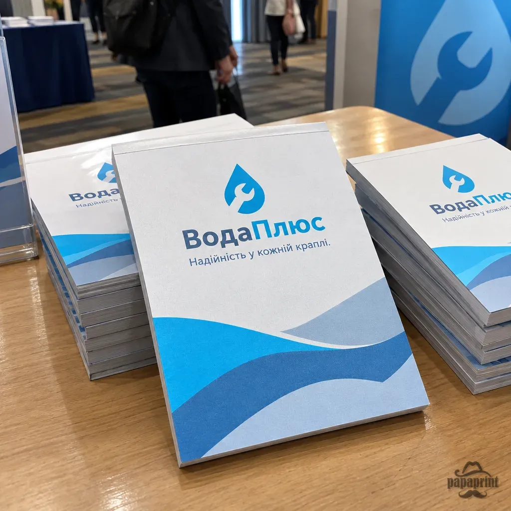 Стопка брендованих блокнотів ВодаПлюс на клеї для конференції