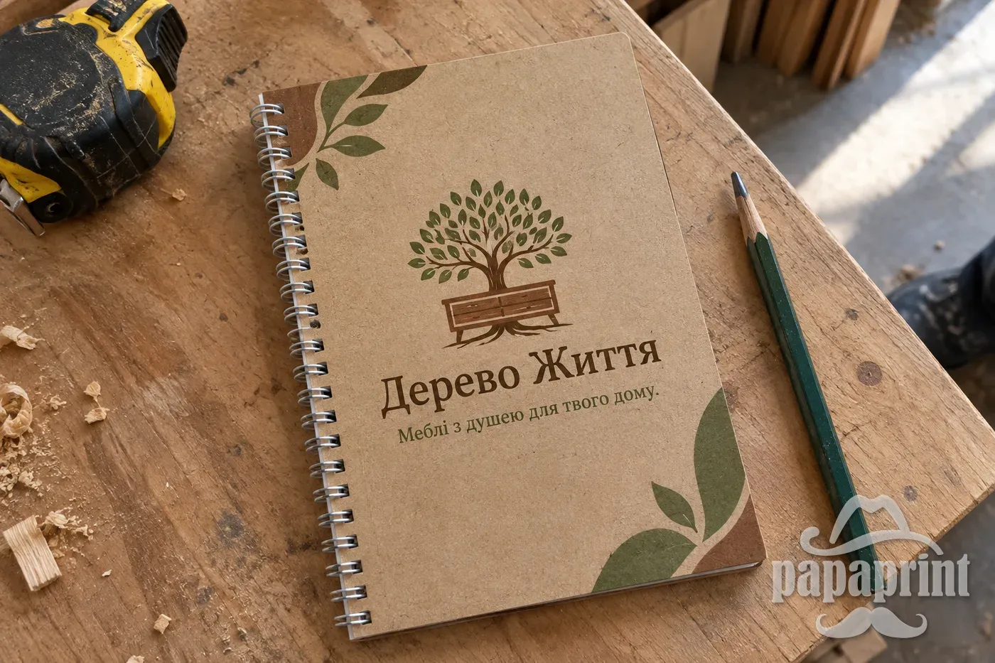 Брендований еко-блокнот Дерево Життя на столі майстерні