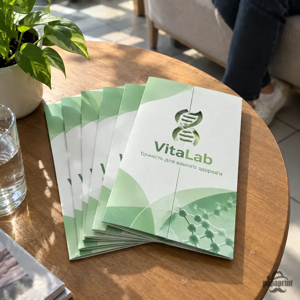 Буклет 'вікно' VitaLab з вирубкою логотипу, на журнальному столику