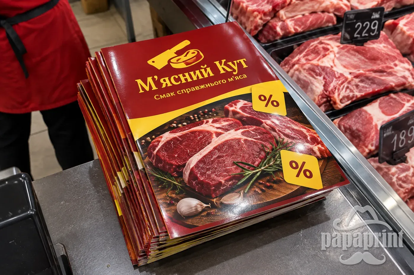Брошури на клею М'ясний Кут від PapaPrint: стопка на прилавку