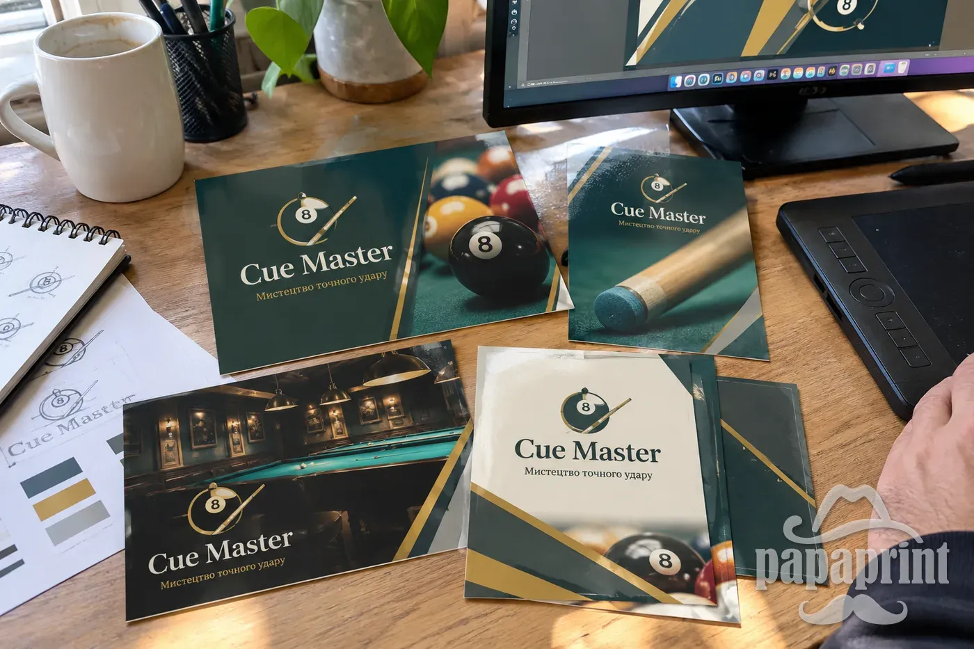 Листівки Cue Master на столі при перевірці макета в PapaPrint