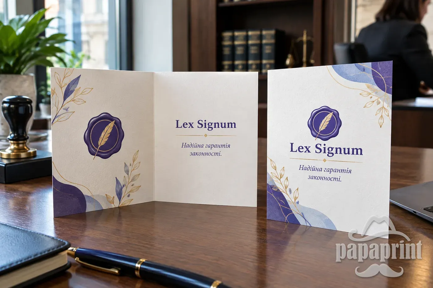 Вітальна листівка Lex Signum на столі нотаріуса, друк