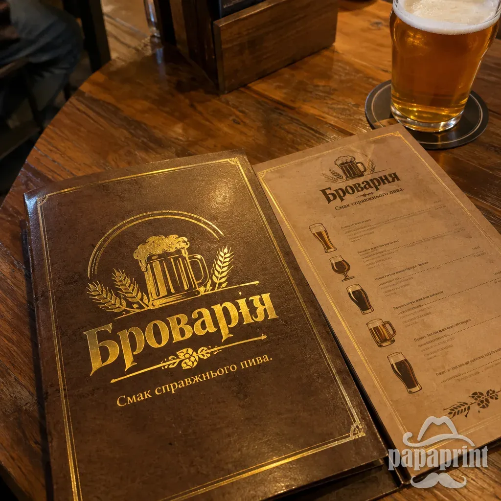 Меню Броварня з золотим фольгуванням на крафтовому папері