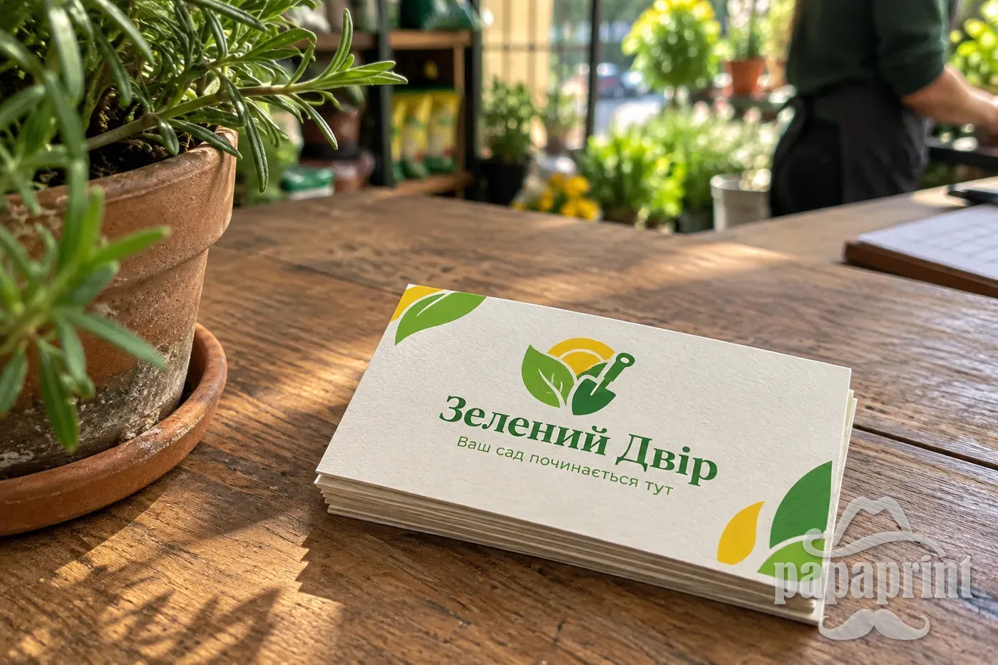 Візитки Зелений Двір, стопка на столі в офісі