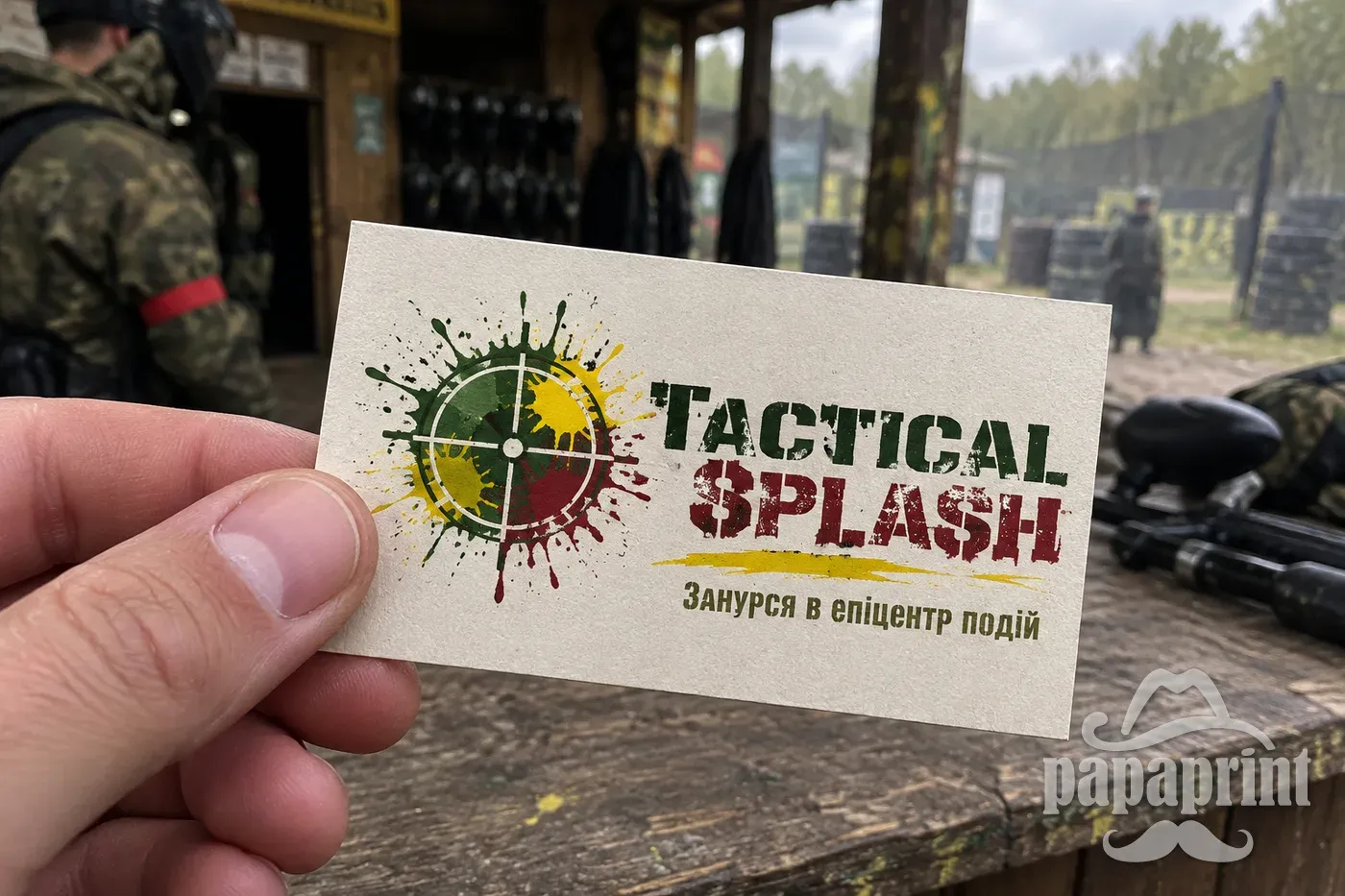 Візитки Tactical Splash, одна в руці, чіткий текст