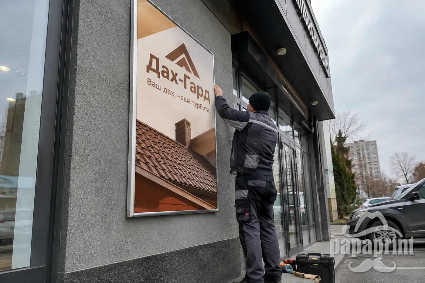Монтаж светового короба сити-формата на стену здания