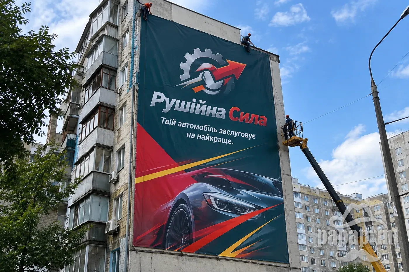 Брандмауер 'Рушійна Сила' на фасаді будинку, монтаж