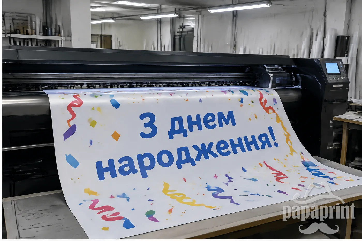 Друк банера для фотозони на широкоформатному принтері в цеху PapaPrint