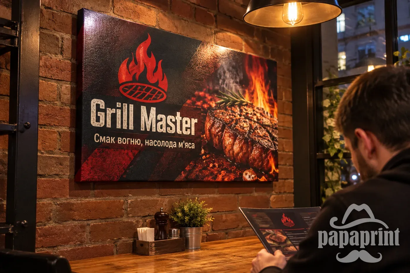 Великий друк на бавовняному холсті Grill Master з лакуванням в інтер'єрі бару