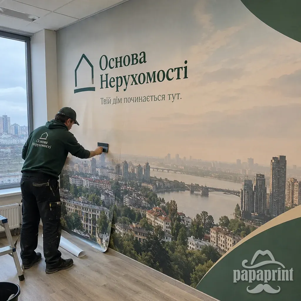 Самоклеючі фотошпалери Основа Нерухомості, встановлення у офісі