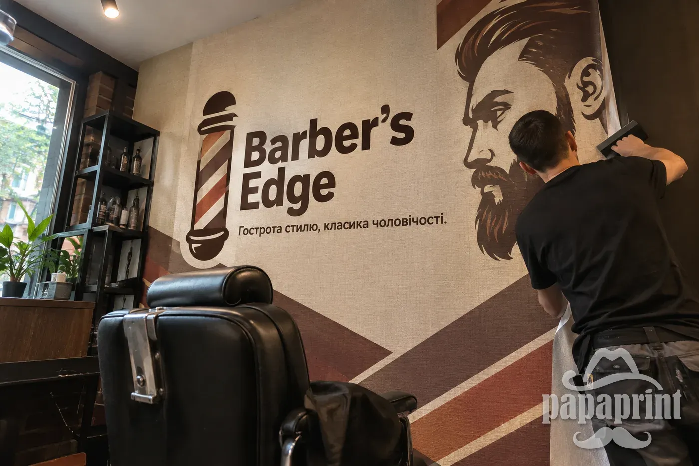 Монтаж флізелінових фотошпалер в барбершопі 'Barber's Edge' від PapaPrint, майстер за роботою.