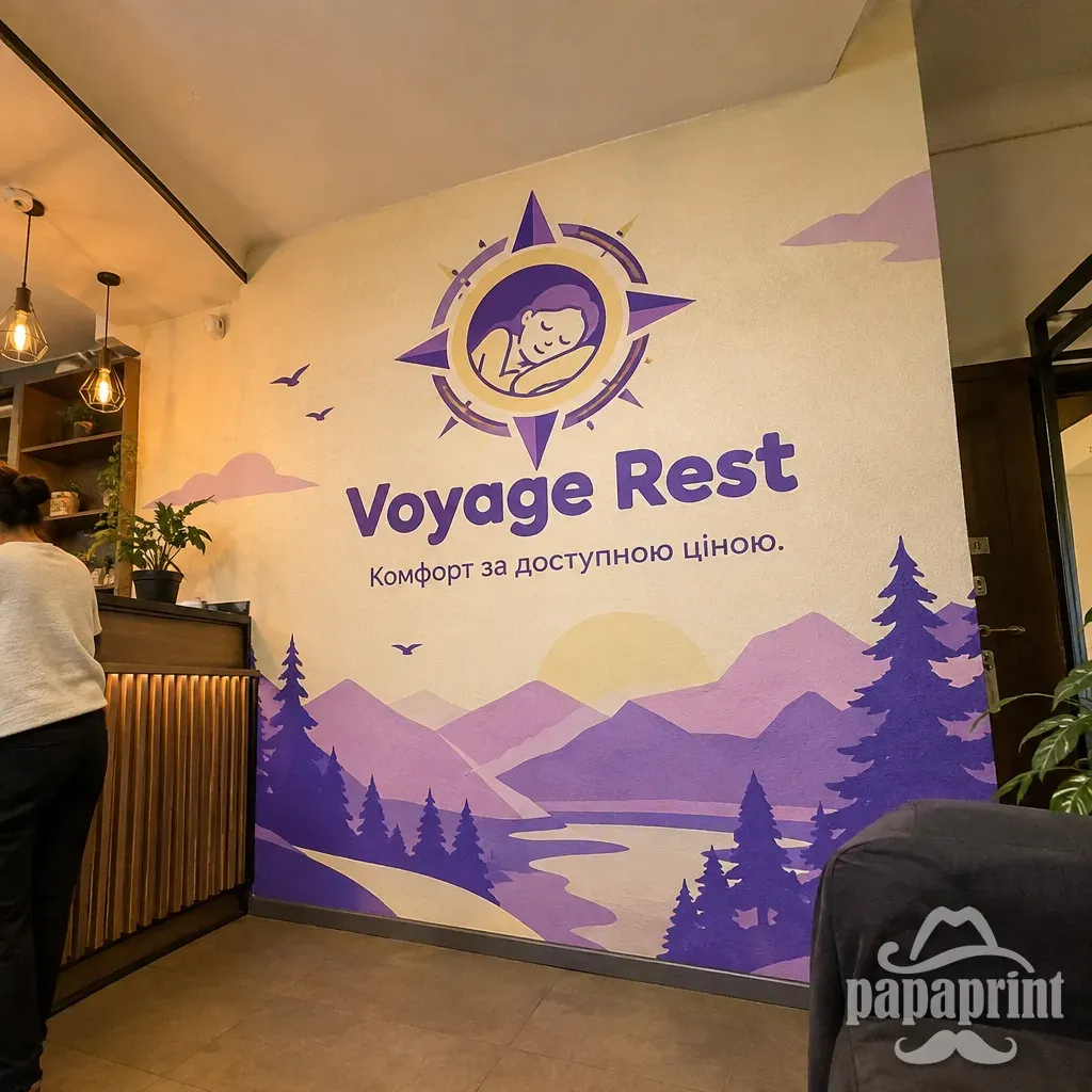 Oracal 951/970 преміум: яскравий логотип Voyage Rest на стіні