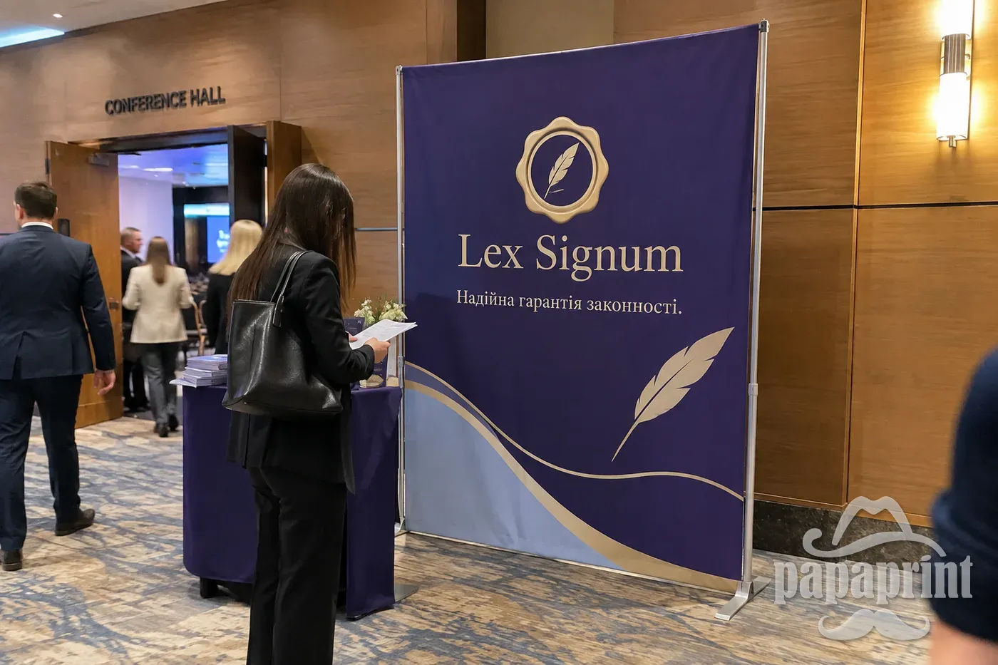 Виставковий стенд Lex Signum від PapaPrint в дії: презентація нотаріальних послуг на виставці.