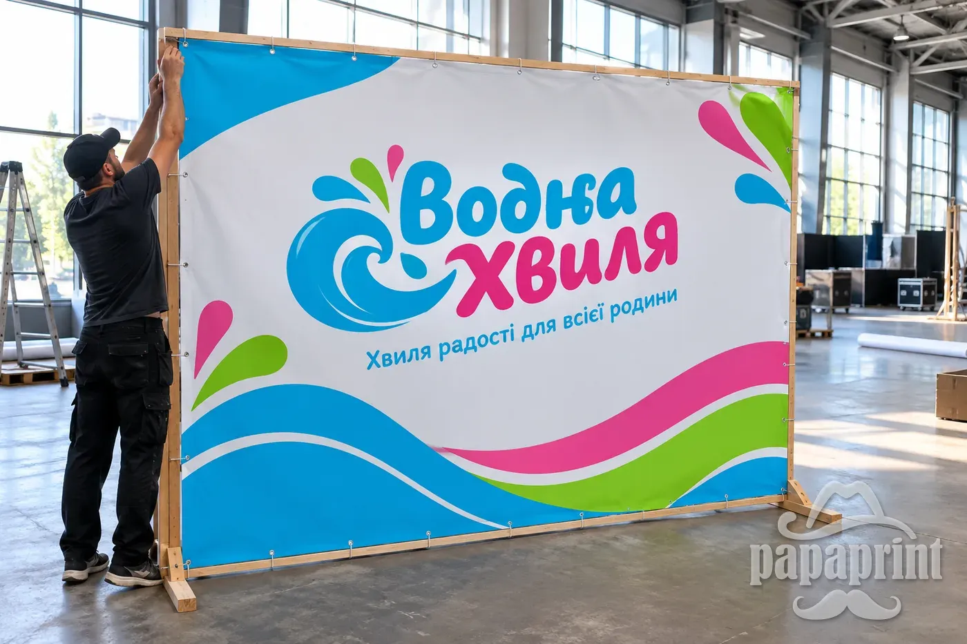 Бренд-вол Брус аквапарку Водна Хвиля. Монтаж каркасу PapaPrint