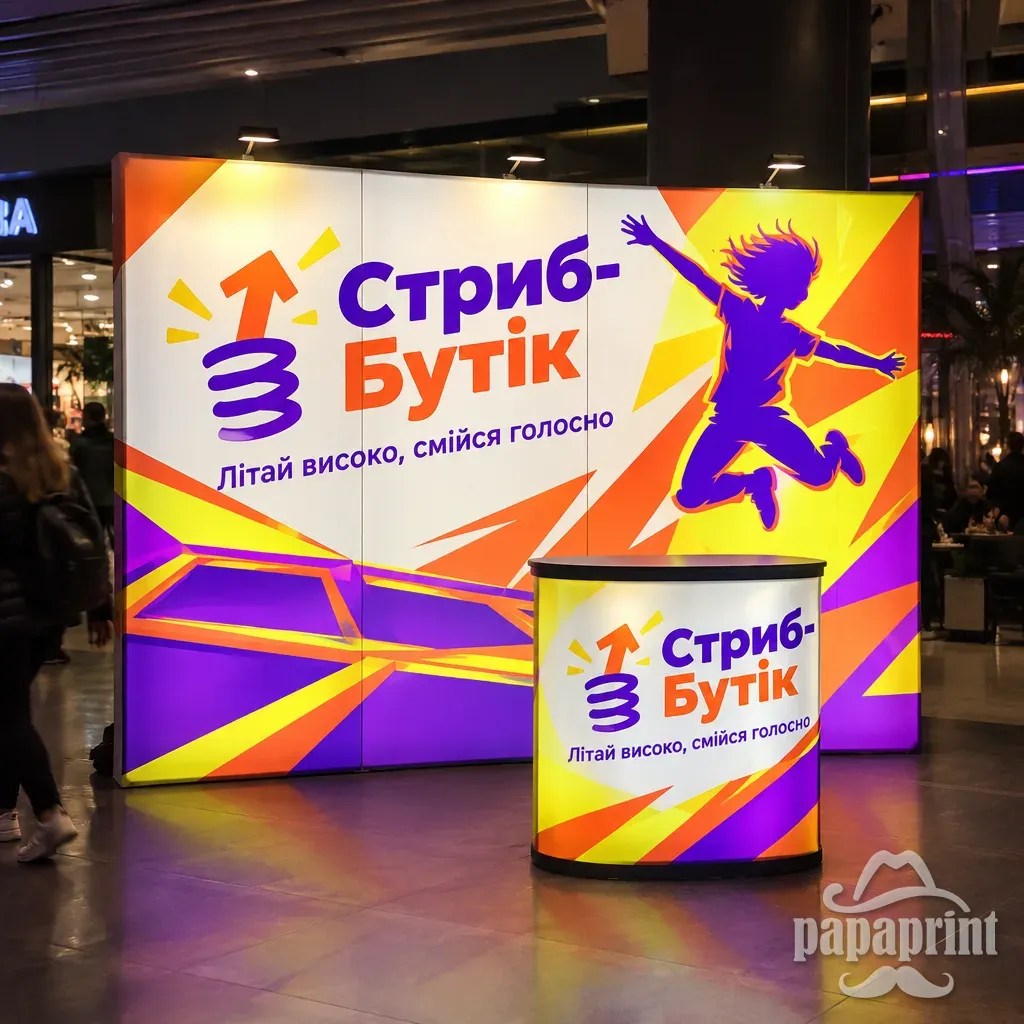 Яскравий Pop-up стенд 'з підсвіткою' Стриб-Бутік в ТЦ