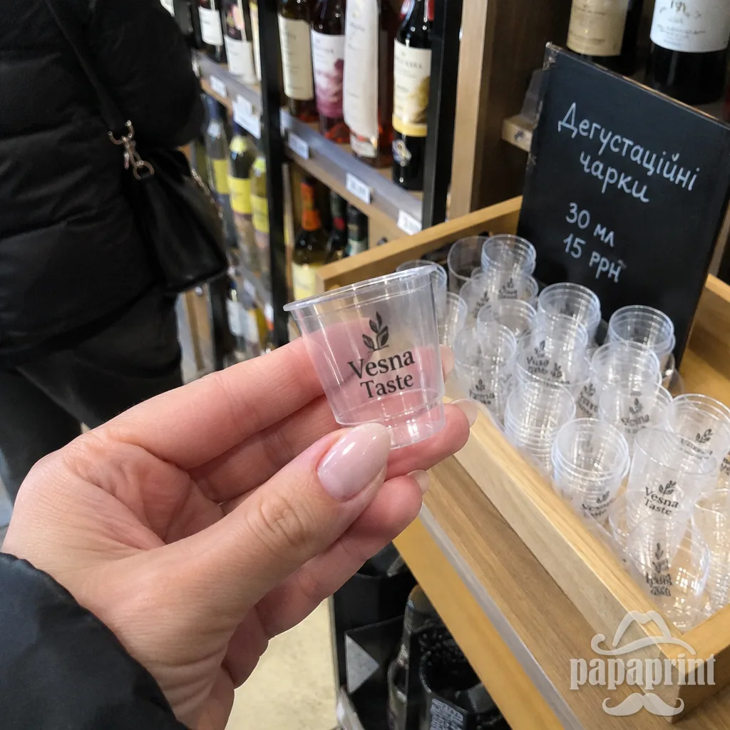 Рука бере прозору пластикову чарку Vesna Taste з підноса в куточку дегустації магазину.