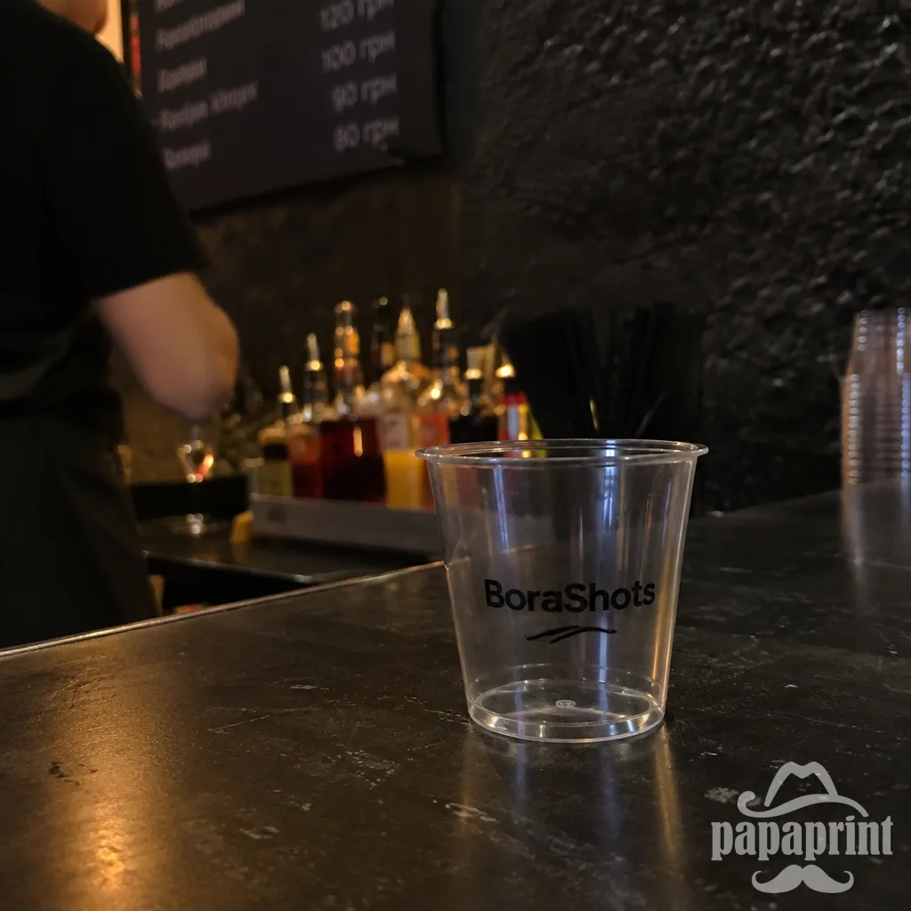 Крупний план прозорої пластикової чарки BoraShots із простим написом на темному барному столику.