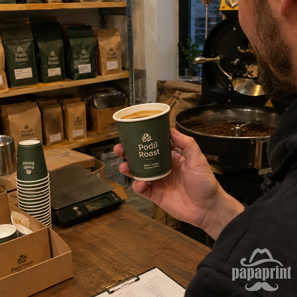 У майстерні Podil Roast обсмажувач тримає брендований двошаровий стаканчик під час перевірки якості.