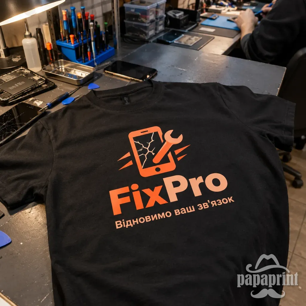 Футболка з термотрансферним друком 'FixPro' на столі майстерні