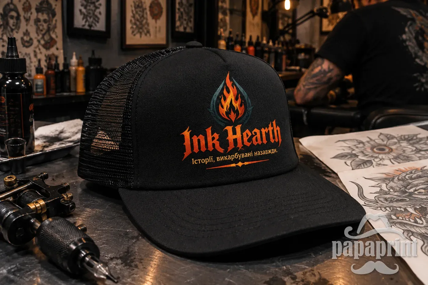 Чорна трекер кепка з термотрансферним друком Ink Hearth на столі
