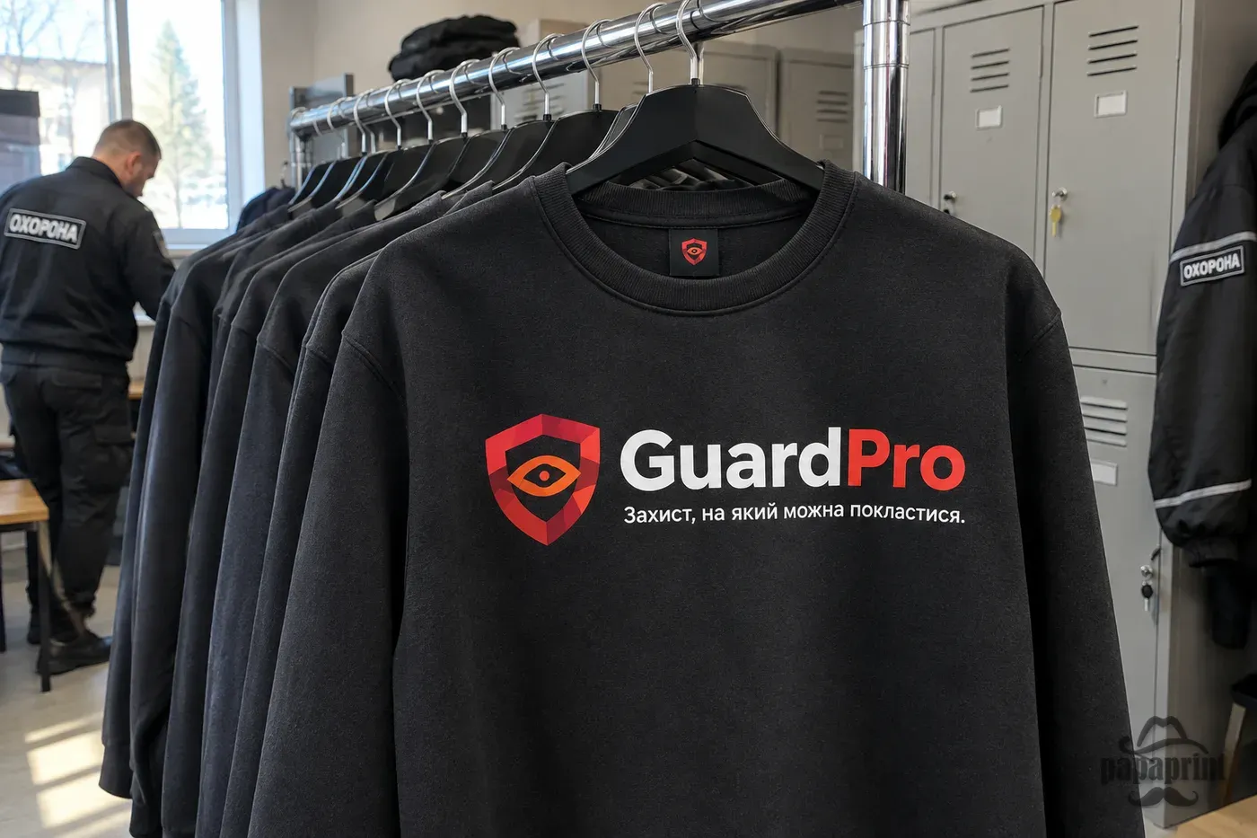 Світшоти GuardPro з DTG-друком від PapaPrint в офісі