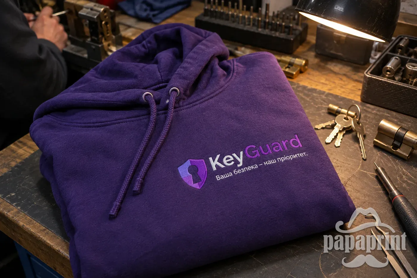 Худі KeyGuard з вишивкою, складене на столі майстерні