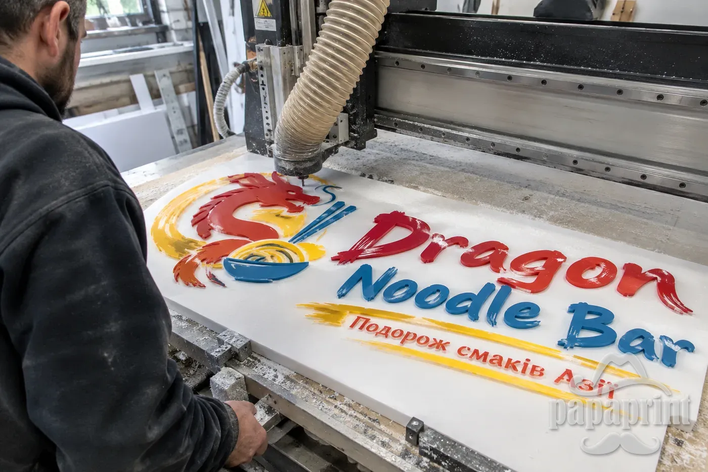 Об'ємні літери Dragon Noodle Bar з акрилу та ПВХ на фрезерувальному верстаті PapaPrint