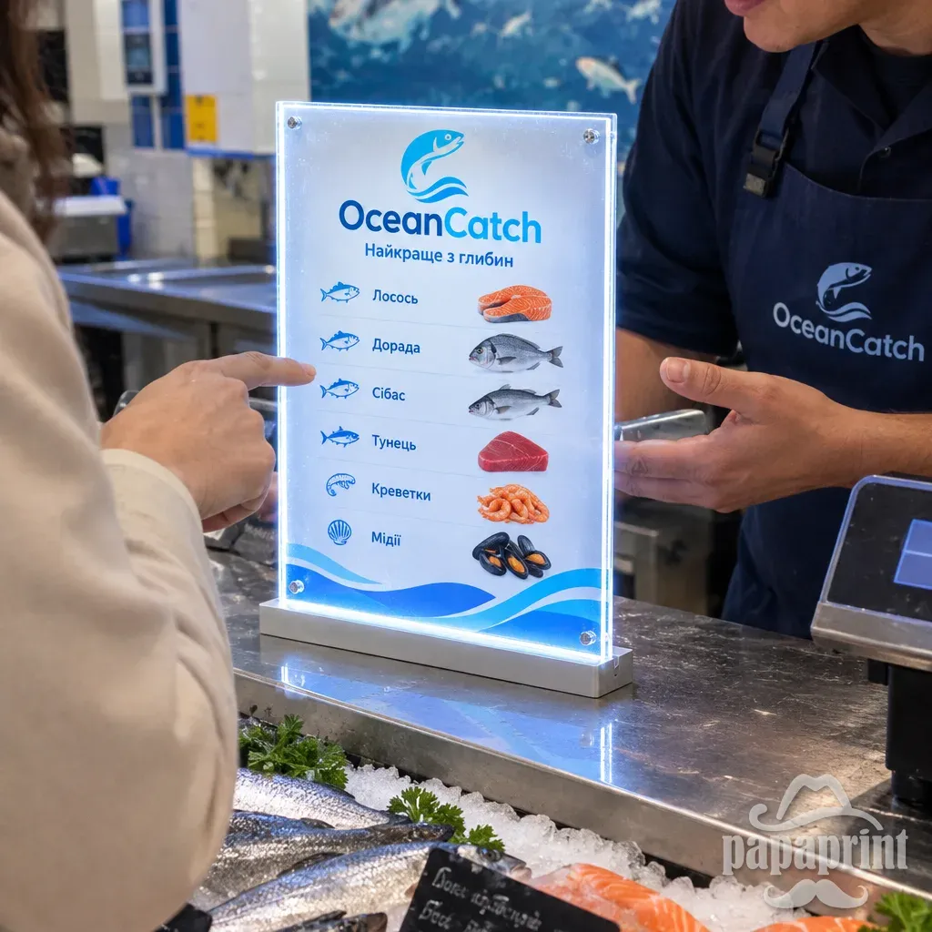Настільний акрилайт-меню для рибного магазину OceanCatch