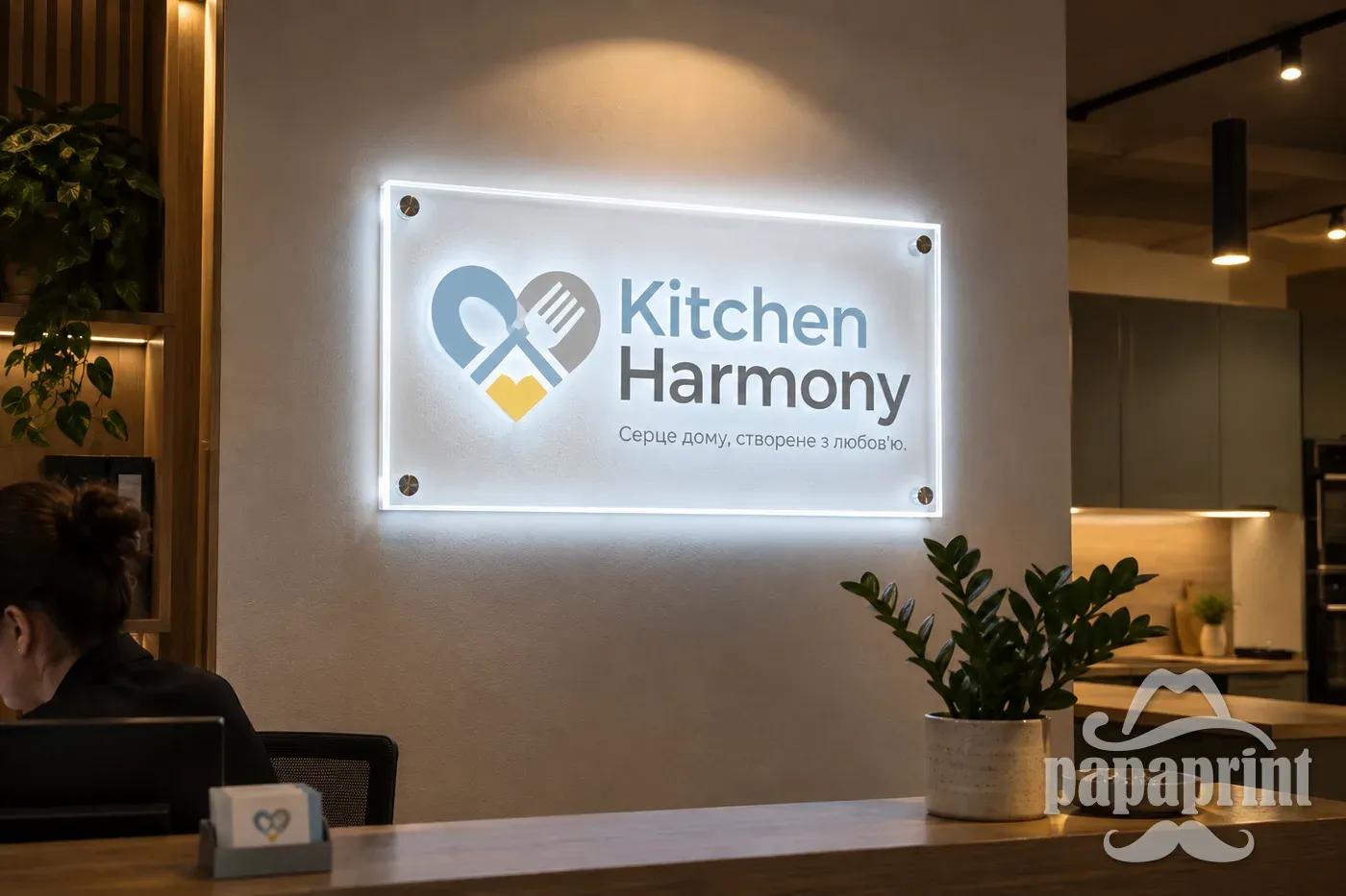 Настінний акрилайт з логотипом Kitchen Harmony на рецепції, виготовлено PapaPrint