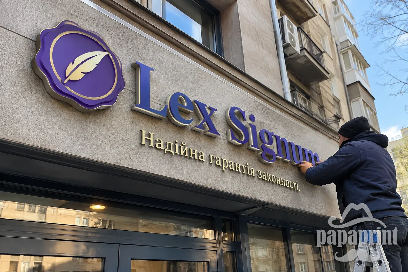 Об'ємні ПВХ літери 'Lex Signum' фрезерної порізки на фасаді. PapaPrint