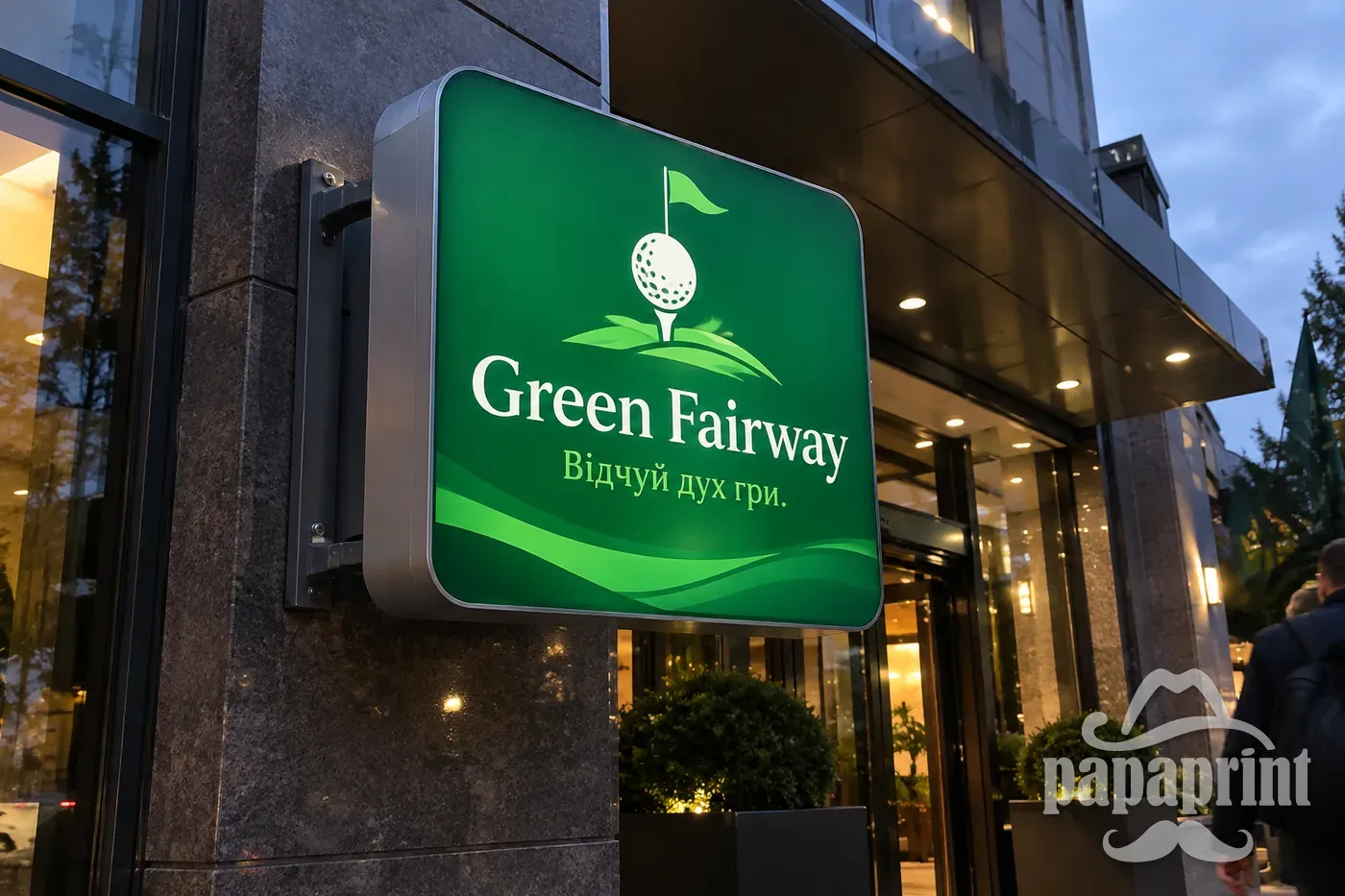 Двосторонній світловий короб Green Fairway на фасаді гольф-клубу від PapaPrint, Київ