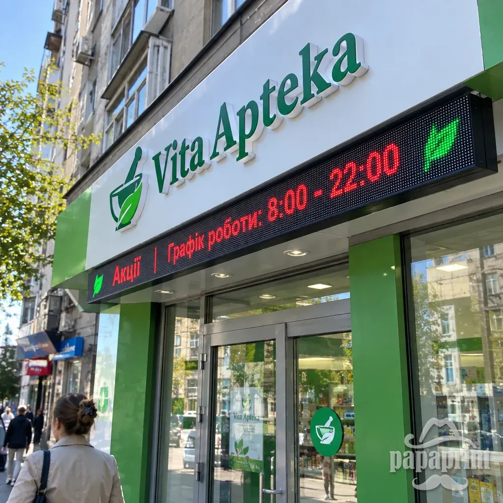 Біжуча LED-стрічка Vita Apteka над входом в аптеку
