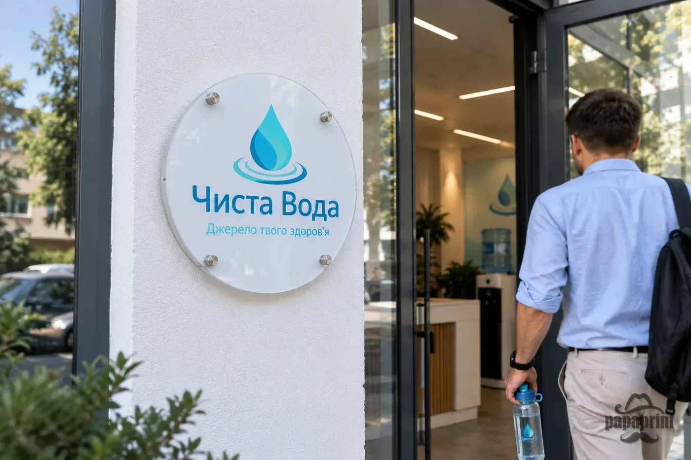 Фасадна табличка 'Чиста Вода' з прозорого акрилу на білій стіні офісу