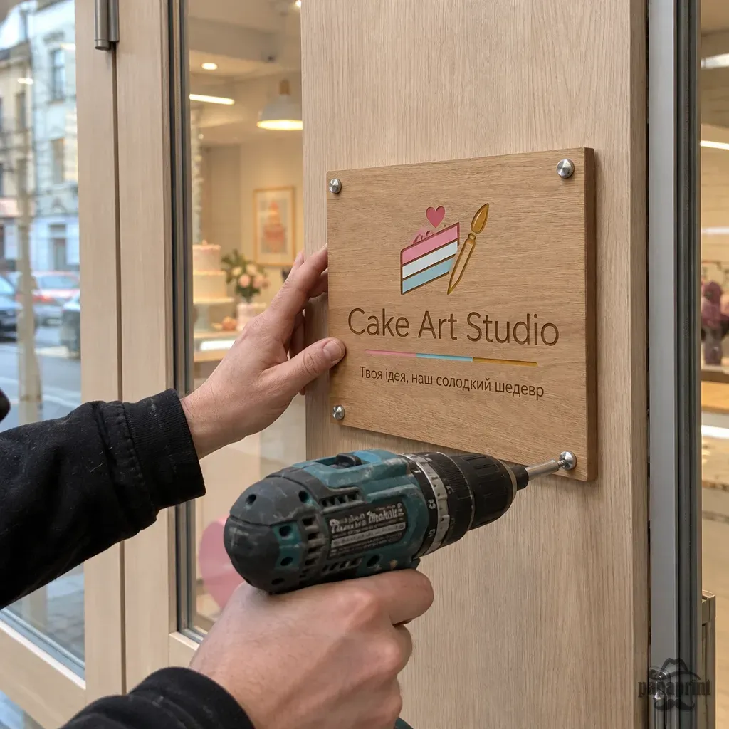 Ексклюзивна офісна табличка 'Cake Art Studio' з дерева на дверях майстерні, встановлення
