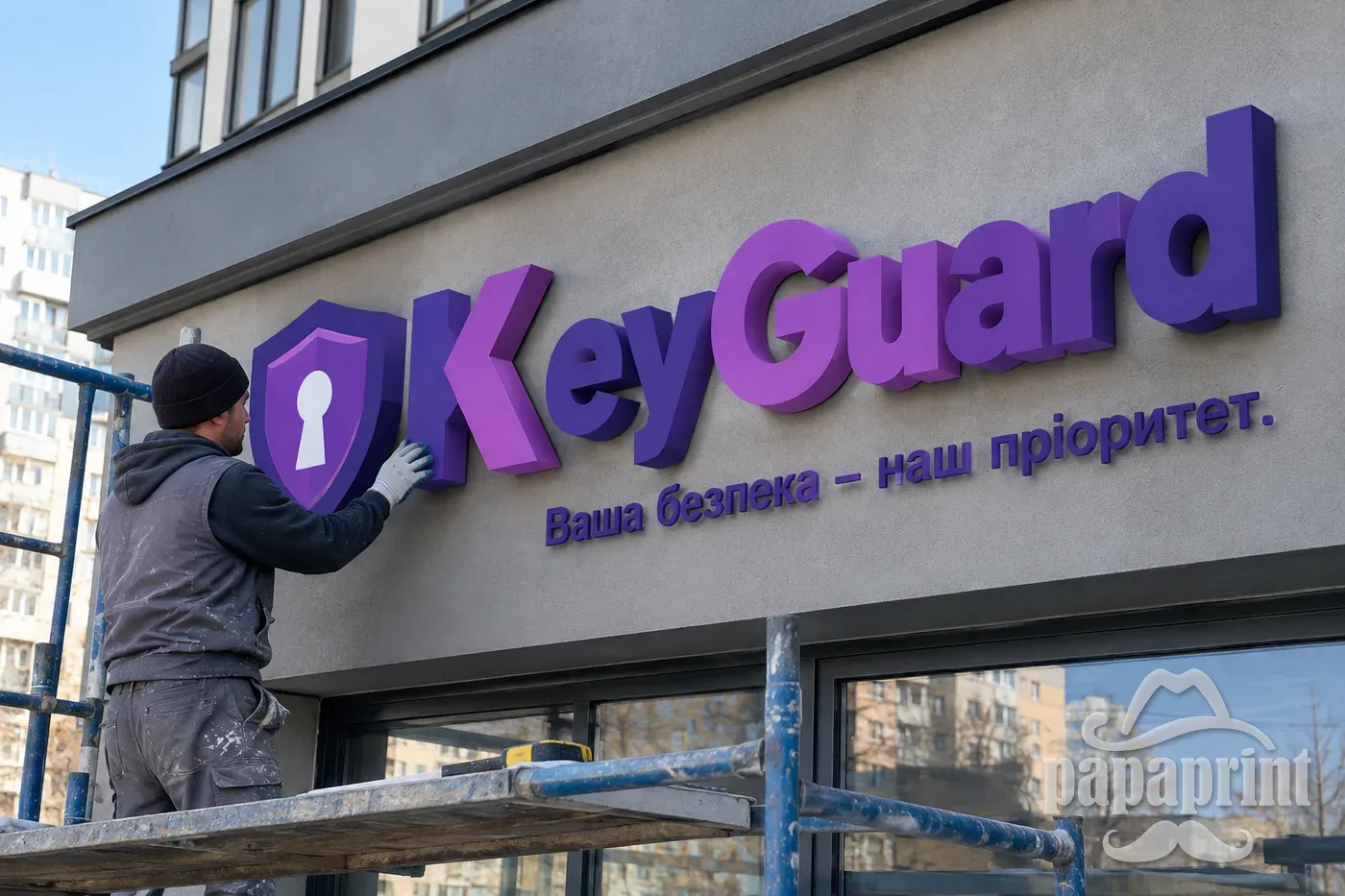 Монтаж великих об'ємних літер KeyGuard з пінопласту на фасаді будівлі від PapaPrint