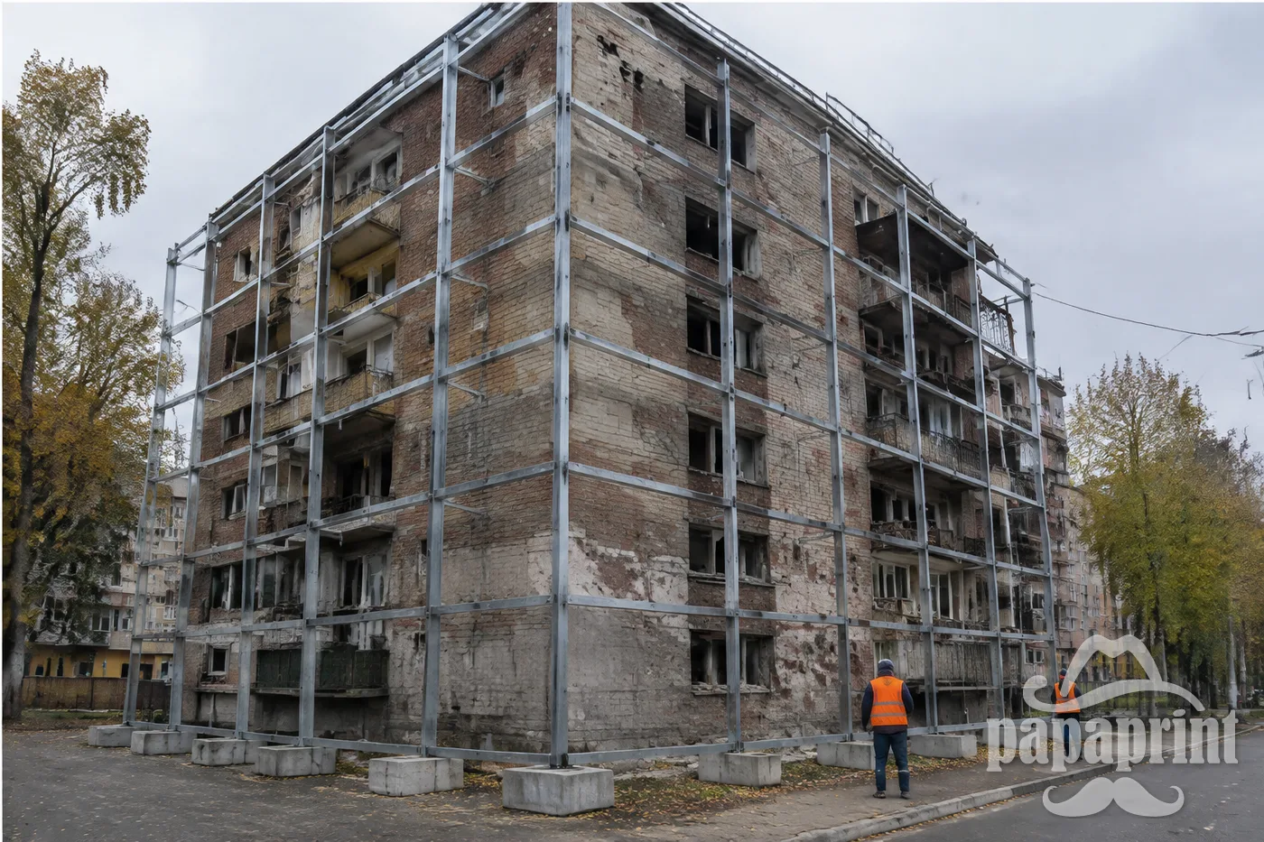 Металевий каркас з профільної труби вздовж пошкодженого фасаду перед монтажем сітки