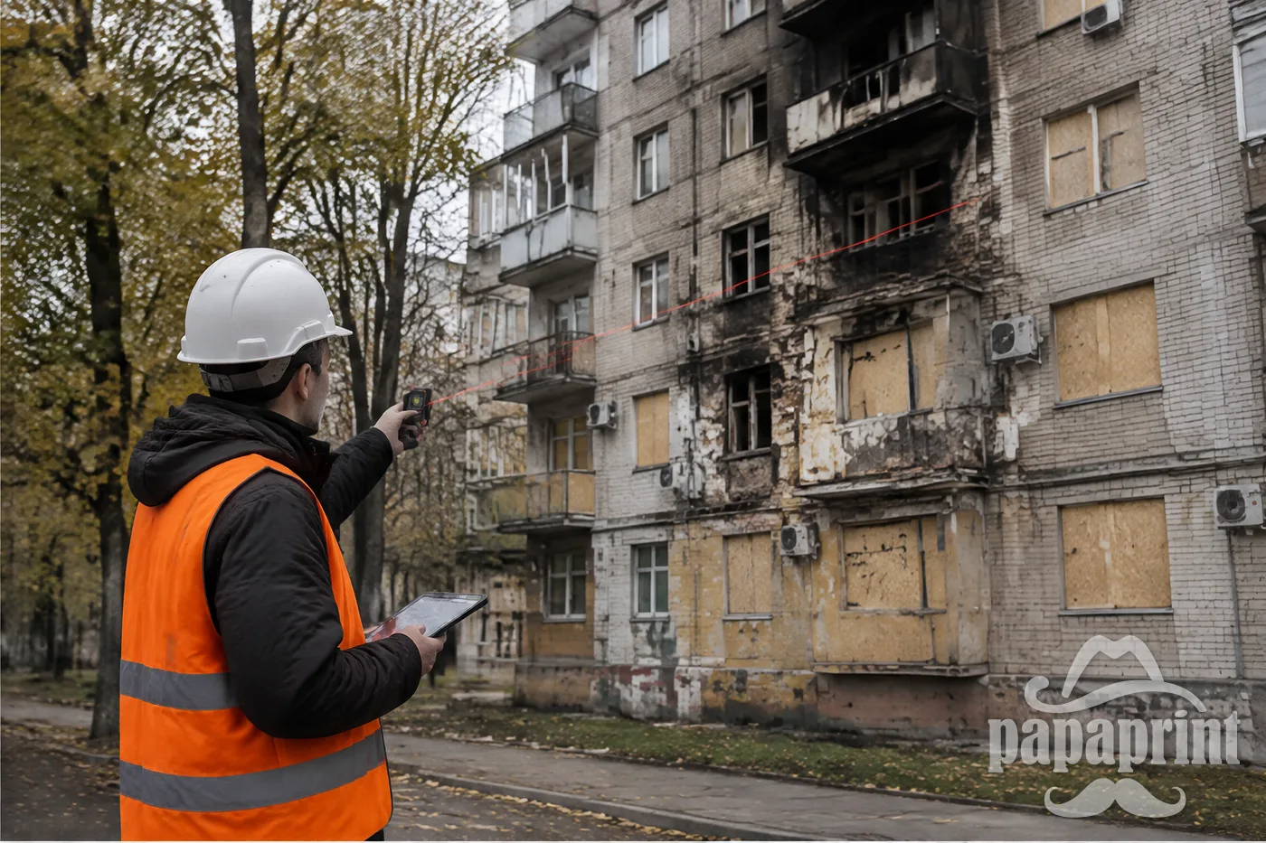 Обмір пошкодженого фасаду лазерним далекоміром перед закриттям сіткою