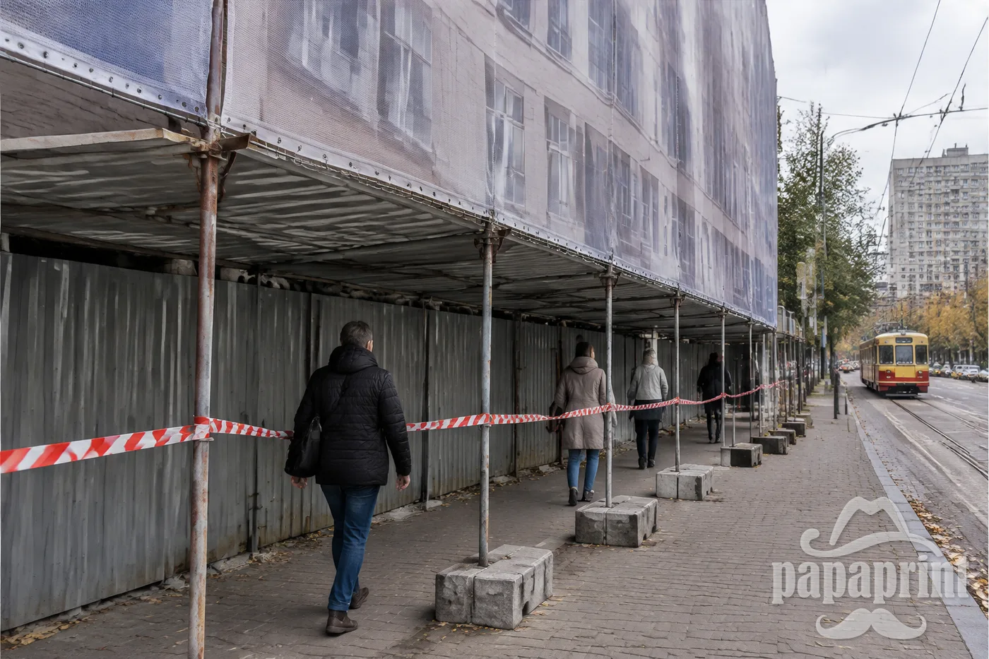 Захищений прохід для пішоходів під фасадом, закритим банерною сіткою