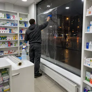 Монтажник клеїть захисну плівку на вітрину аптеки зсередини ввечері (ілюстрація)