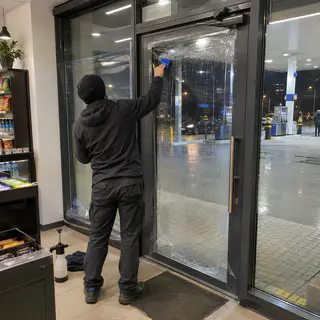 Монтажник клеїть плівку на скляні двері магазину АЗС зсередини вночі (ілюстрація)