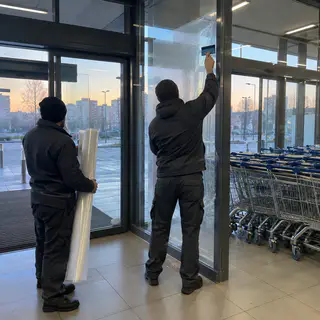 Монтажники клеять плівку на скло тамбура супермаркету до відкриття (ілюстрація)