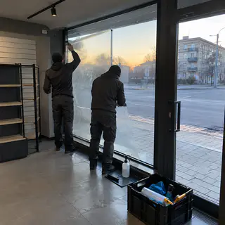 Монтажники завершують плівку на вітрині магазину на світанку до відкриття (ілюстрація)