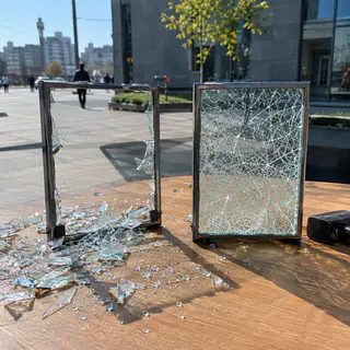 Два образца стекла после одинакового удара: без пленки - осколки, с пленкой - целое полотно (иллюстрация)