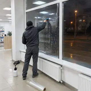 Нічний монтаж: захисна плівка на вікна - банки, аптеки, мережі (ілюстрація)
