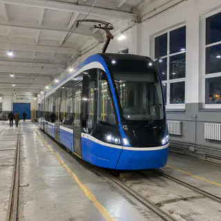 Трамвай у депо: захисна плівка на вікна - громадський транспорт (ілюстрація)